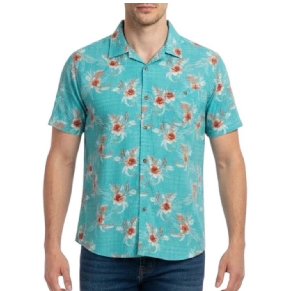 Havana Jim Camp Shirt Men’s Size Large Aqua Aloha Luau Tropical Floral Hawaiian